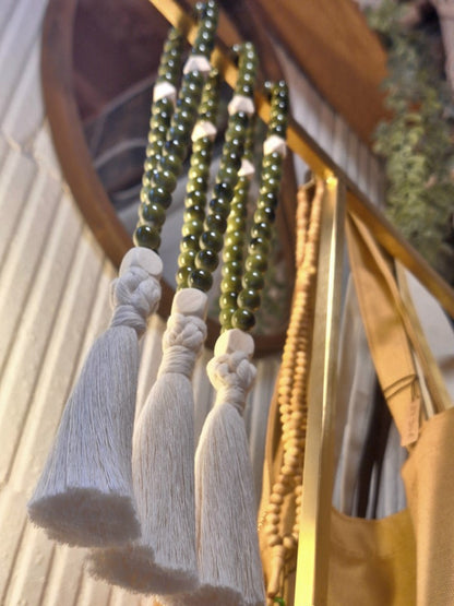 Chapelet en céramique verdâtre & bois – 33 perles – Fait main
