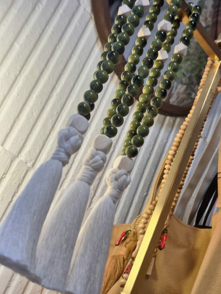 Chapelet en céramique verdâtre & bois – 33 perles – Fait main