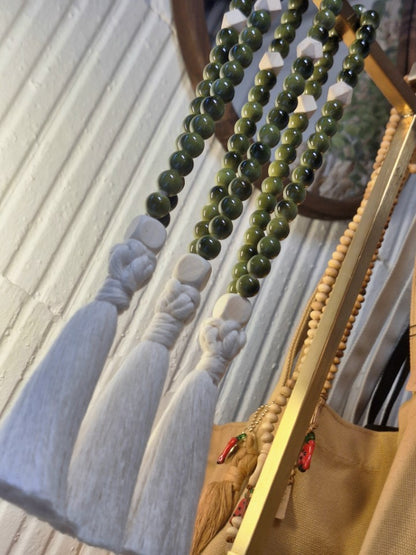 Chapelet en céramique verdâtre & bois – 33 perles – Fait main