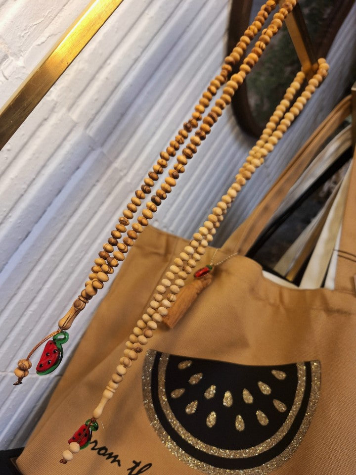 Tesbih – Chapelet – Sobha en bois d’olivier – 99 perles – Ornement verre soufflé 🍉