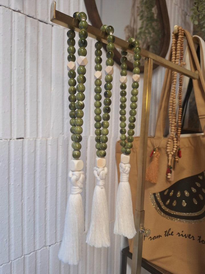 Chapelet en céramique verdâtre & bois – 33 perles – Fait main