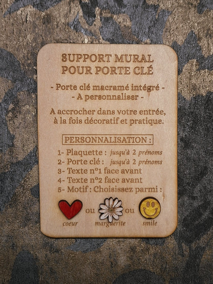 Support Mural en bois et porte clé macramé à personnaliser