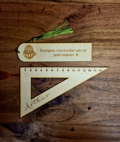 Duo Marque-page/Équerre en bois à personnaliser