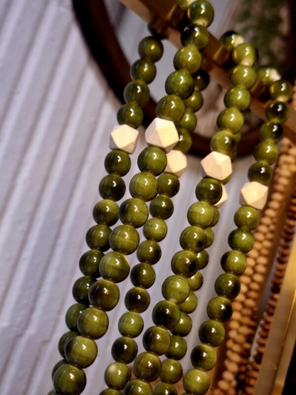 Chapelet en céramique verdâtre & bois – 33 perles – Fait main