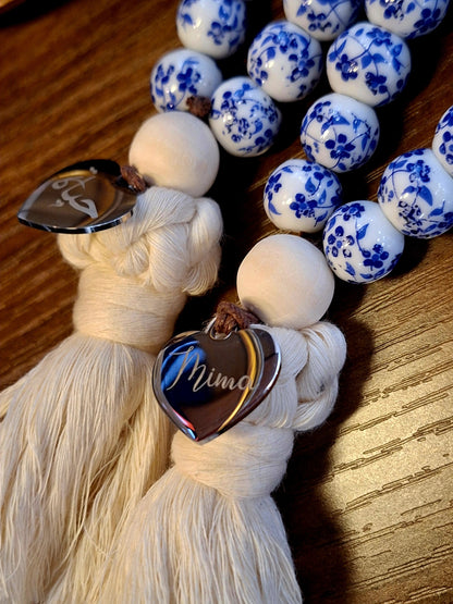 Chapelet en céramique fleurie & bois – 33 perles – Fait main